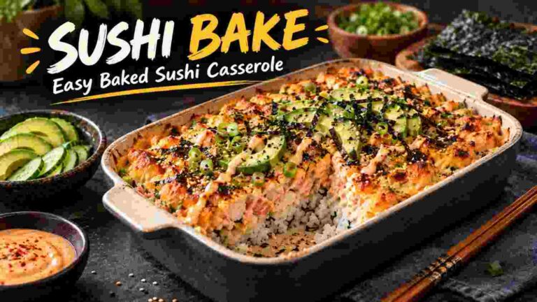 Sushi bake casserole with creamy crab, sushi rice, furikake, and nori sheets