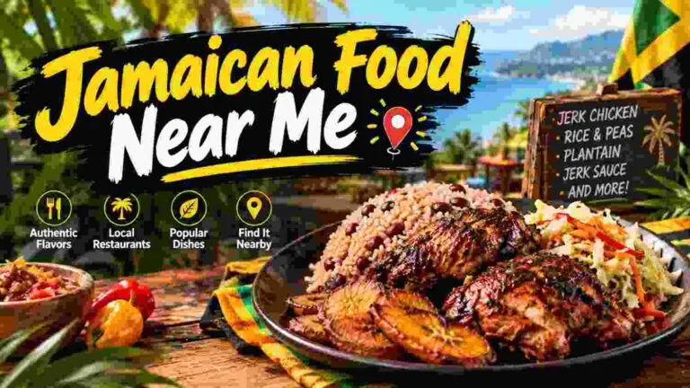 Jamaican food near me featuring jerk chicken, rice and peas, and fried plantains