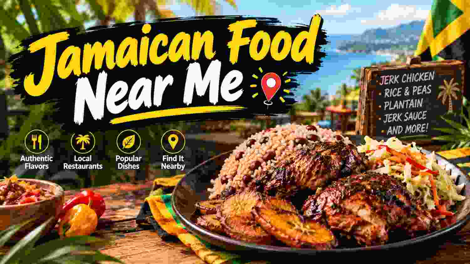 Jamaican food near me featuring jerk chicken, rice and peas, and fried plantains