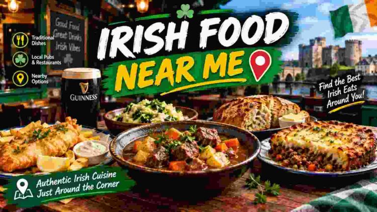 Irish food near me featuring traditional Irish dishes and a cozy pub dining setting