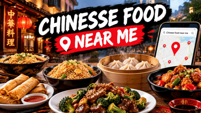 Fresh chinesse food near me featuring chow mein, fried rice, dumplings, spring rolls, Szechuan chicken and hot soup on a restaurant table.