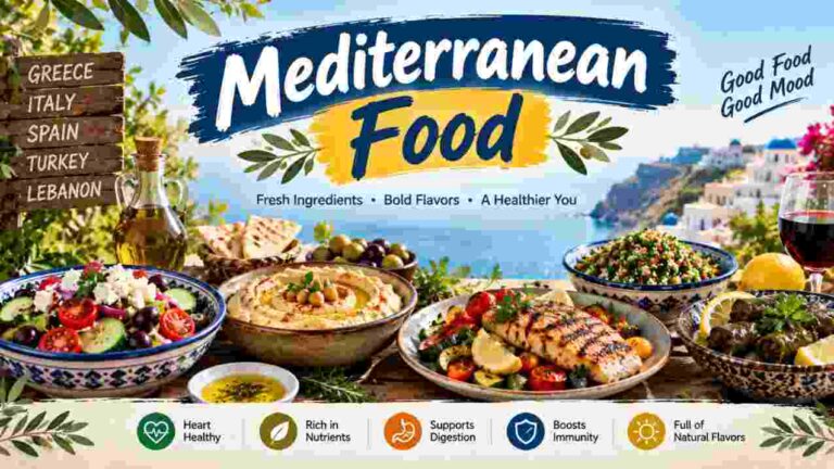Mediterranean food featuring Greek salad, hummus, grilled fish, olives, pita, and fresh vegetables