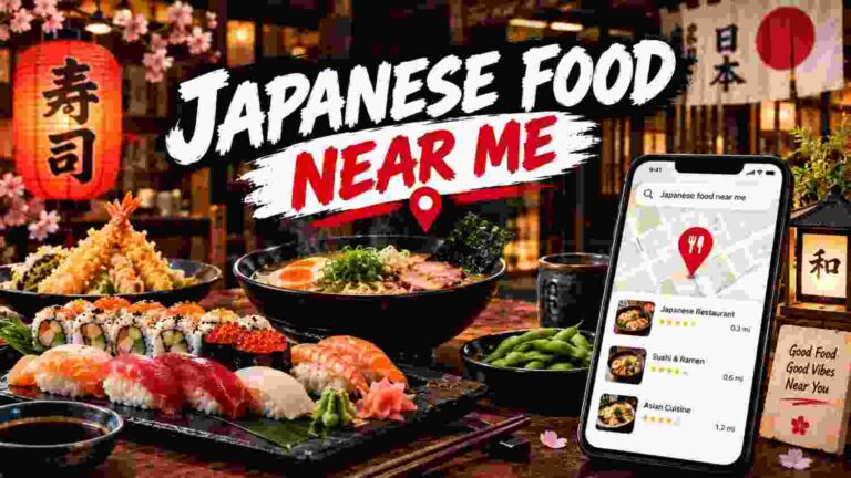 Japanese food near me featuring sushi, ramen, tempura and a smartphone displaying nearby Japanese restaurants
