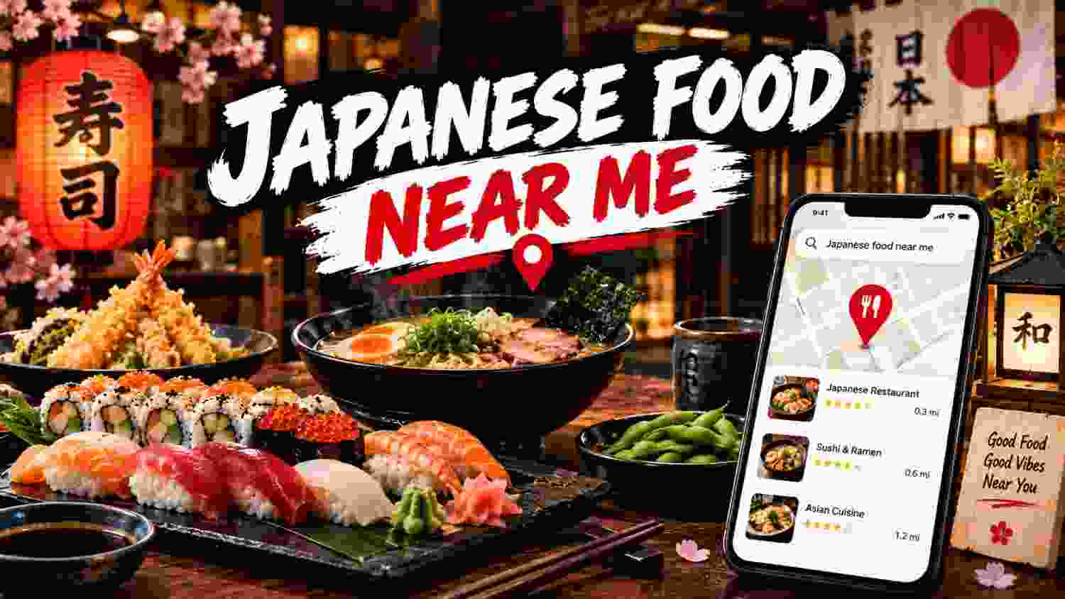 Japanese food near me featuring sushi, ramen, tempura and a smartphone displaying nearby Japanese restaurants