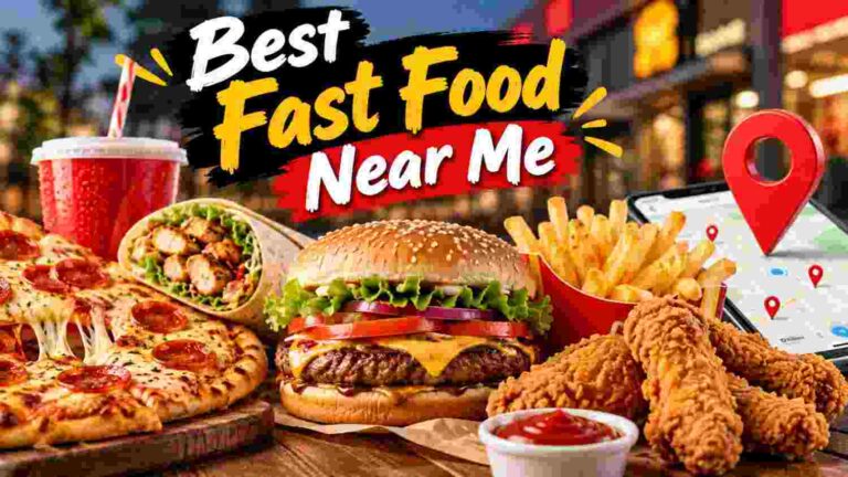 Best fast food near me featuring burgers, pizza, fries, chicken, tacos, and a location map
