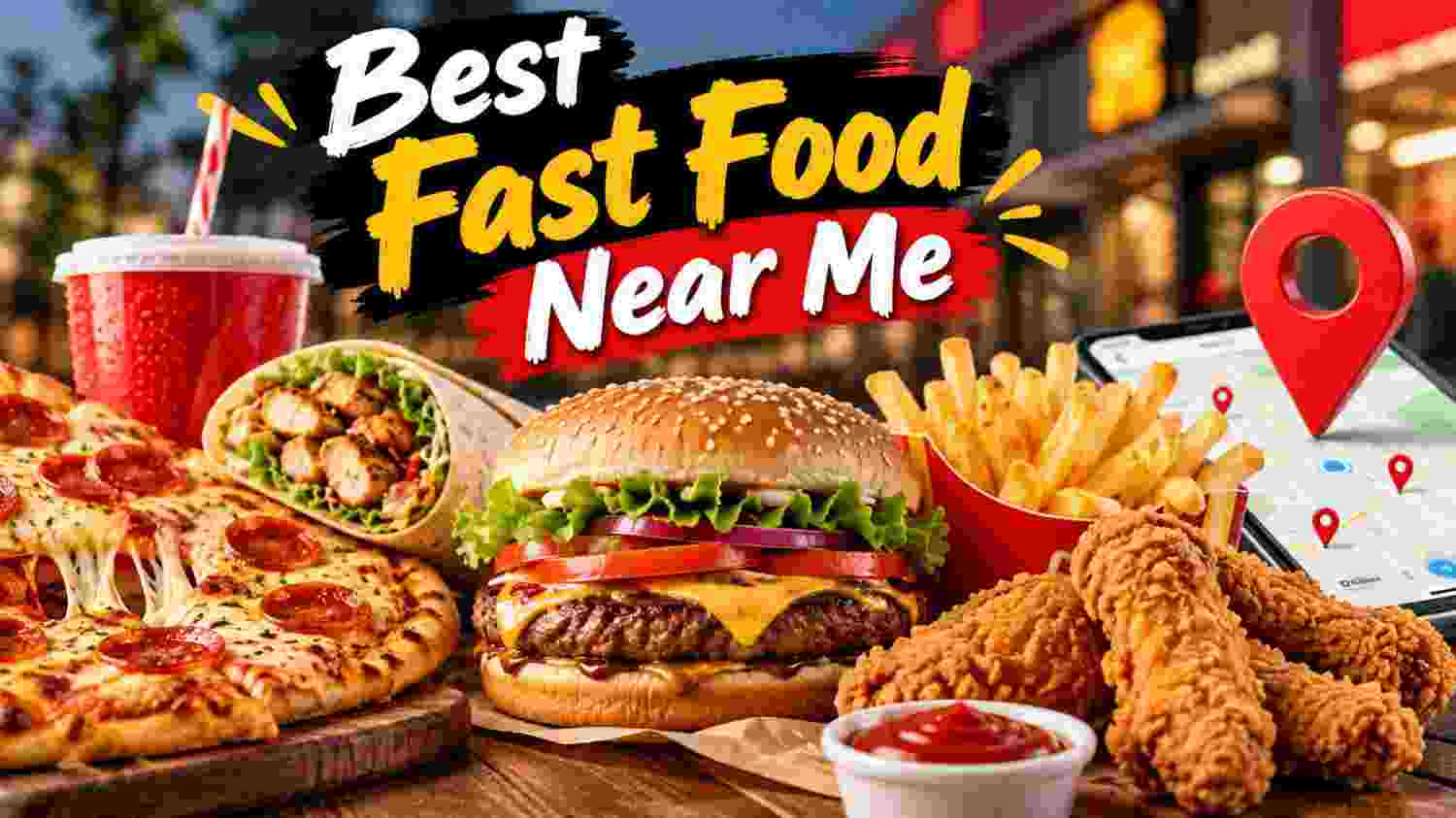 Best fast food near me featuring burgers, pizza, fries, chicken, tacos, and a location map