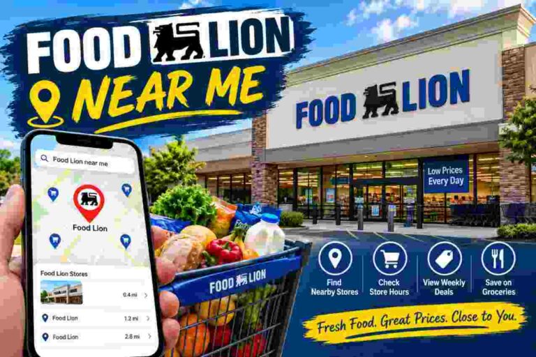 Ek vyakti smartphone par map locator app mein 'Food Lion near me' search kar raha hai. Smartphone ke peeche ek shopping cart taazi sabziyon, fruits aur doodh se bhari hui hai. Background mein ek bada Food Lion supermarket store dikh raha hai