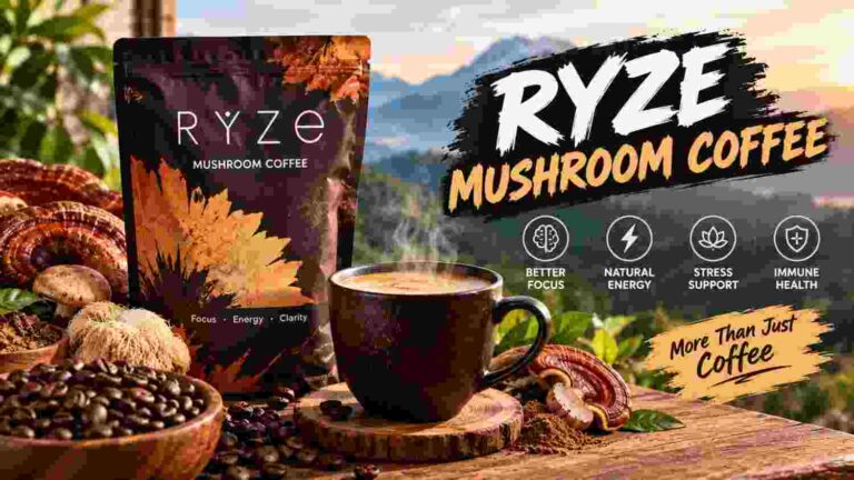 Ryze Mushroom Coffee package with mushroom blend and steaming coffee cup