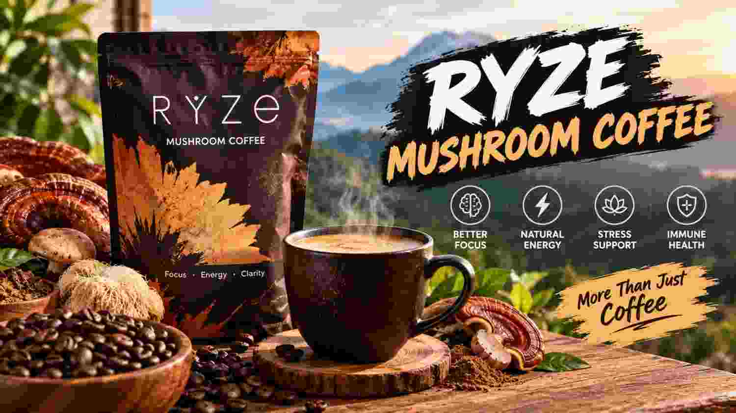 Ryze Mushroom Coffee package with mushroom blend and steaming coffee cup