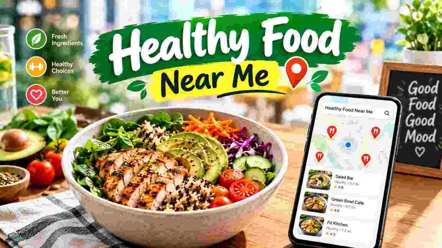 Healthy Food Near Me with fresh salad bowl and nearby food locations